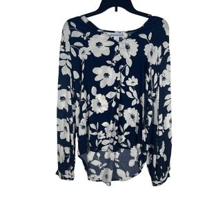 Liz Claiborne Floral Print Long Sleeve Blouse Blue Top Size Medium‎ NEW